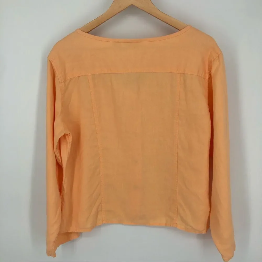 J. Jill 100% Linen Snap Button Shirt Womens Petite Medium Peach Boxy Long Sleeve
